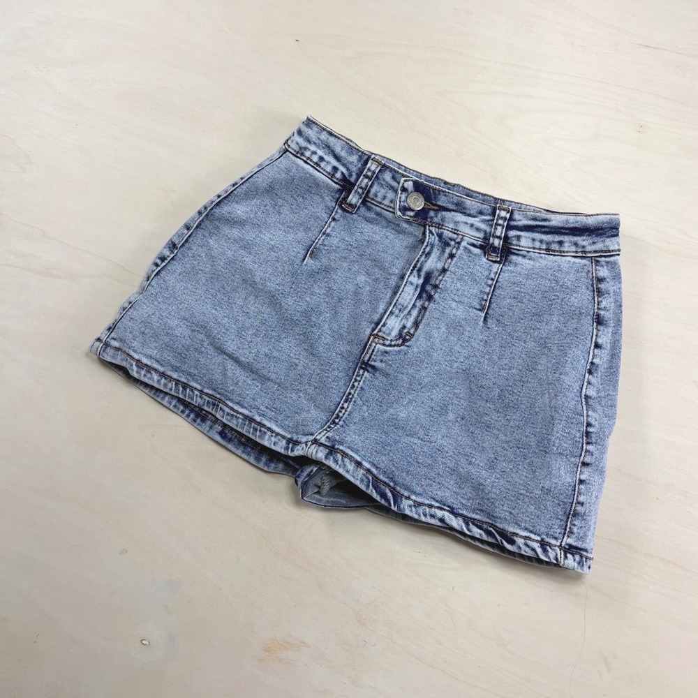 IWD Brand Acid Wash Denim Skort Blue High Waisted Mini Skirt Shorts Womens S
